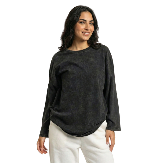 Essential Oversized Premium Acid Wash Long Sleeves T-shirt -Gray